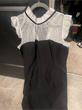 Katakomb Black and White Dot Mesh Ruffle Neck Women's Top